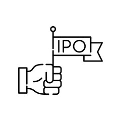 Obraz premium Hand holding a flag with word IPO. Successful company stock launch. Pixel perfect, editable stroke line icon