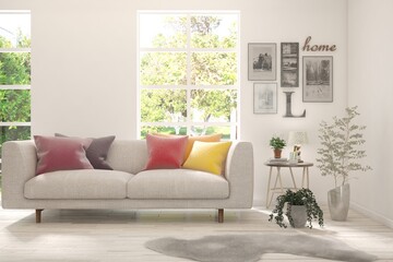 White living room with sofa and summer landscape in window. Scandinavian interior design. 3D illustration