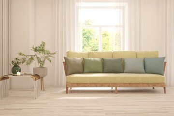 Minimalist living room in white color with sofa and summer landscape in window. Scandinavian interior design. 3D illustration