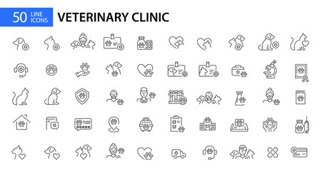Animal clinic pet care veterinary hospital line art mega set. 50 Pixel perfect, editable stroke icon - obrazy, fototapety, plakaty