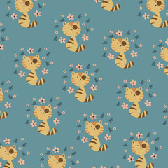 Cute cat vector pattern with flowers. cat cartoon. Winter seamless blue background print.