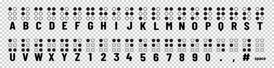 Braille Alphabet And Numbers - Tactile Writing System Used By People Who Are Blind - Vector Illustrations Set Isolated On Transparent Background - obrazy, fototapety, plakaty