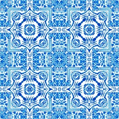 Blue white watercolor azulejos tile background. Seamless coastal geometric floral mosaic effect. Ornamental arabesque all over summer fashion damask repeat