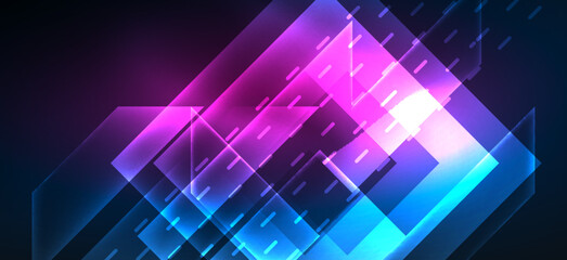 Background wallpaper neon glowing lines and geometric shapes. Dark wallpaper for concept of AI technology, blockchain, communication, 5G, science, business and technology