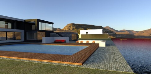 Luxurious high-tech villa with a swimming pool on the shore of a mountain lake. The flooring is made of paving stones and decking boards. 3d render.