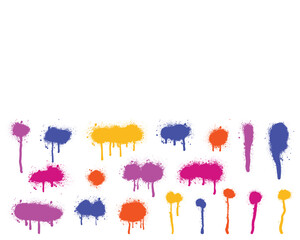 Set of colorful graffiti spray pattern. Collection of dripping, grunge, drop, spray with orange, purple, blue, pink color. Elements on white background for banner, decoration, street art and ads. 