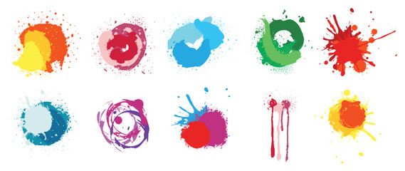 Set of colorful graffiti spray pattern. Collection of splash, dripping, grunge, drop, spray, paint with colorful color. Elements on white background for banner, decoration, street art and ads. 