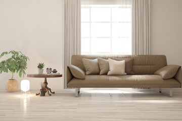 White living room with sofa. Scandinavian interior design. 3D illustration