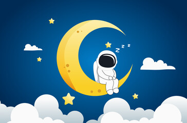 Sweet dream and Good night concept Background. astronaut is sleeping on the moon. Space for your text. Use for your design.