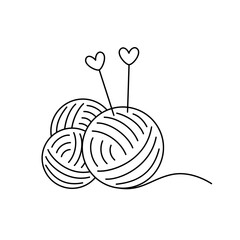 Colorful Balls Of Yarn With Knitting Needles in Doodle Style. Vector Line Art Illustration, Isolated, Cartoon.