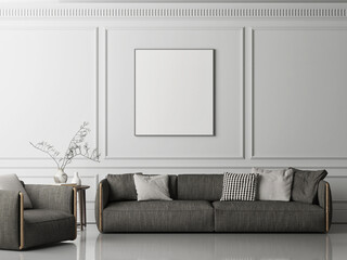 Mock up poster in classic interior design living room, white background, 3d illustration 