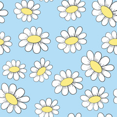 Seamless floral pattern based on traditional folk art ornaments. Colorful chamomile, daisy flowers on color background. Doodle style. Vector illustration. Simple minimalistic pattern