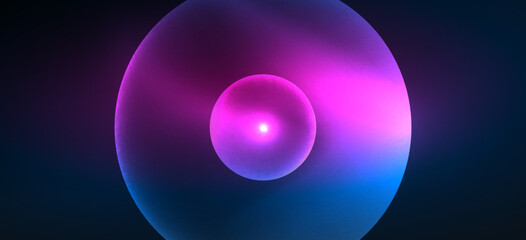 Shiny neon geometric abstract background. Glowing lights on round shapes, triangles and circles. Wallpaper for concept of AI technology, blockchain, communication, 5G, science, business