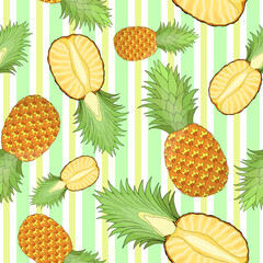 Whole and cut pineapple random repeat seamless pattern. Green stripes tropical fruit endless texture. Irregular boundless background. Summer editable surface design for textile, stationery, flyer