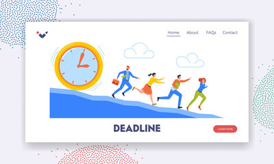 Deadline Landing Page Template. Business People Run Away from Clock Down the Mountain. Office Employees Lack of Time