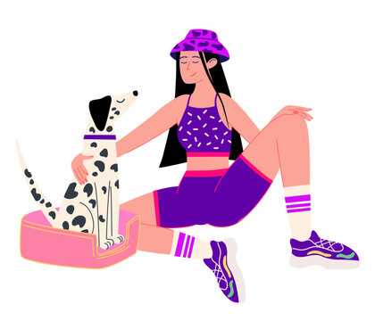 Girl hugs a dog. Woman and a Dalmatian. Hugging domestic animal friends, pet owner characters loving and holding. Love and friendship between people and pet. Canine animal. Vector illustration