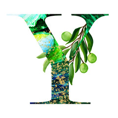 Watercolor emerald alphabet with gold sprinkles decorated with tropical leaves,branches with berries,exotic.Element of wedding stationery.Hand-painted from A to Z. Suitable for printing posters, print