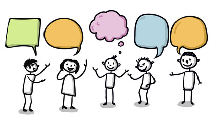 Different People as stick figures talking to each other with big empty text bubbles - Hand-drawn vector illustration isolated on white background.