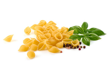 Conchiglie rigate. Raw striped shell pasta, isolated on white background.