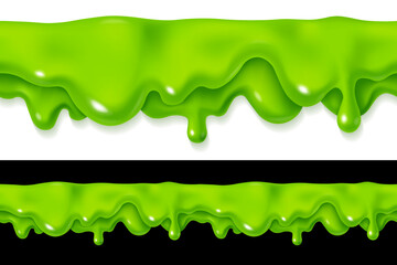 Green slime drop seamless. Liquid paint sauce drip. 3d realistic vector illustration isolated on black background. Halloween design. Flowing melted toxic blob. Horizontal leaking border - 519523404