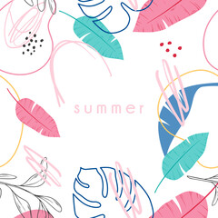 Fototapeta na wymiar Colored summer banner. Sale. Summer discounts. tropical leaves. Seamless pattern. Hand drawn vector.