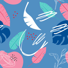 Seamless tropical leaves. Wallpaper. Pattern. For banner, postcard and posters. Vector.  Hand drawn doodle elements: dots, circles, doodles.