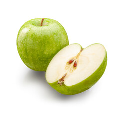 Manzana verde entera y cortada sobre fondo blanco. 
Whole and sliced ​​green apple on white