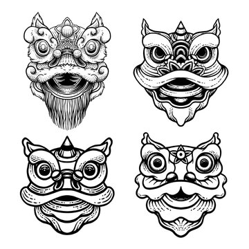 Lion Dance Head Vector Icon Drawn In Engraving Style