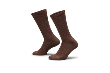 Pair of brown cotton socks isolated on white. Set of short socks for sports as mock up and label for advertising, logo, branding.