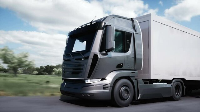 Generic 3d model of truck very fast driving on highway. Logistic, transport concept. Realistic 4k animation.