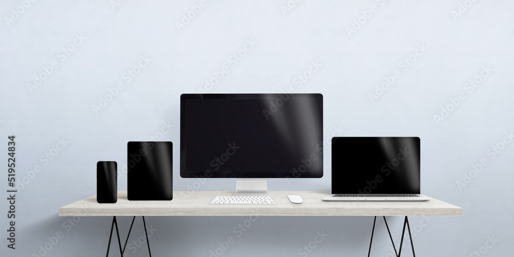 Poster Turned off devices of different sizes on the desktop. Blank screen for responsive web page or app promotion. Computer display, laptop, tablet and smart phone