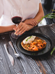 Food photography. Appetizing lunch with salmon and potatoes