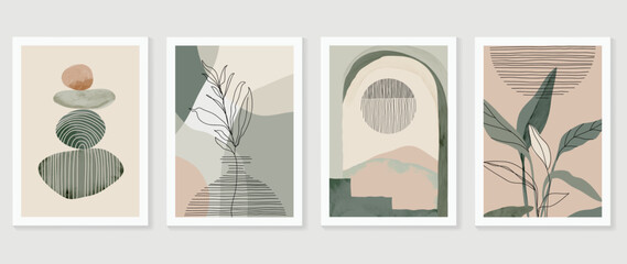 Set of abstract foliage wall art vector. Leaves, organic shapes, green tone, leaf branch, tree in line art style. Watercolor wall decoration collection design for interior, poster, cover, banner.