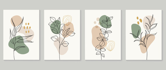 Set of abstract foliage wall art vector. Leaves, organic shapes, earth tone, leaf branch, tree, eucalyptus in hand drawn. Luxury wall decoration collection design for interior, poster, cover, banner. - obrazy, fototapety, plakaty