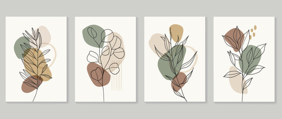 Set of abstract foliage wall art vector. Leaves, organic shapes, earth tone, leaf branch, tree, eucalyptus in hand drawn. Luxury wall decoration collection design for interior, poster, cover, banner. © TWINS DESIGN STUDIO