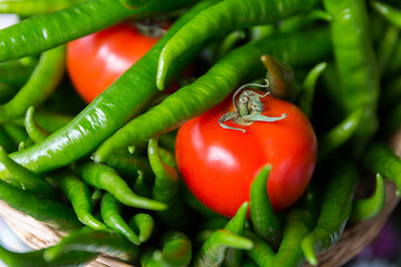 Close-up shot of tomatoes and peppers