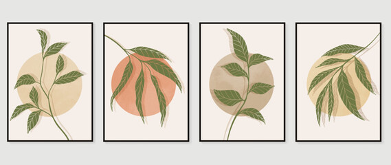 Set of abstract foliage wall art vector. Leaves, circle shapes, earth tone, leaf branch, tree, eucalyptus in hand drawn. Luxury wall decoration collection design for interior, poster, cover, banner.