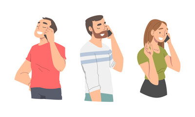 Young people using smartphones set. Cheerful men and woman talking on phones cartoon vector illustration