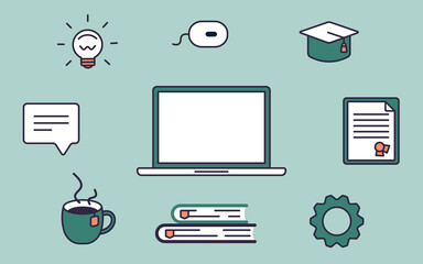Set of icons for online education. Laptop, academy cap, diploma, bulb, gear, bubble box, mouse pc. Isolated vector illustration for e-learning platform.