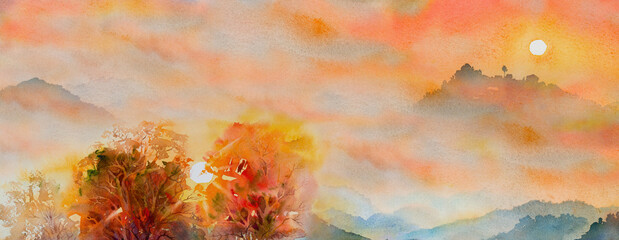 Imagination colorful panorama background. Watercolor landscape painting.