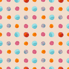 Seamless pattern bright colorful dots painted in watercolor on a light background. For fabric, sketchbook, wallpaper, wrapping paper.