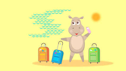 Funny animals, hippopotamus traveler. Cartoon-style illustration.