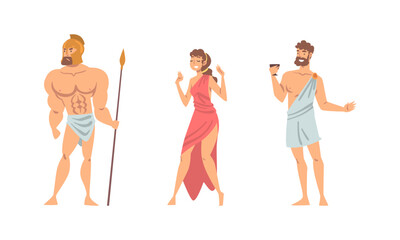 Obraz premium Ancient Greek people in traditional clothes set cartoon vector illustration