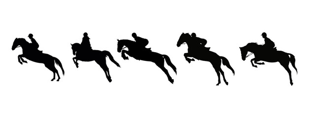 Show Jumping. Horse and jockey jumping vector silhouette set.