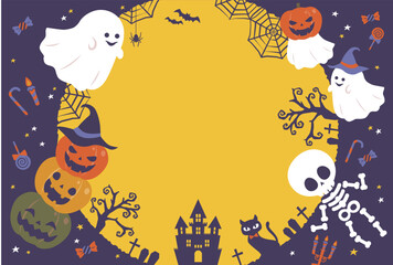 ハロウィン カボチャとオバケと骸骨のかわいいホラー背景素材
