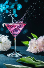 розовый коктейль со льдом. всплеск в бокале с розовым коктейлем. бокал с напитком и букет летних цветов. пеоны и летний освежающий напиток на черном фоне