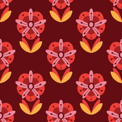 Flowers abstract 70s seamless vector pattern design on Bordeaux background