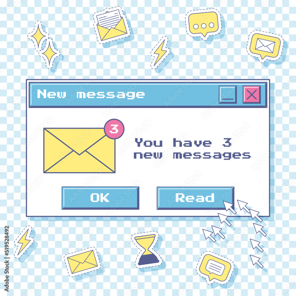 Poster template for social networks with a retro window with notification of new messages. y2k stickers ico