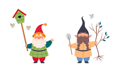 Set of garden gnomes. Dwarfs holding birdhouse and tree seedling, cute fairy tale characters cartoon vector illustration