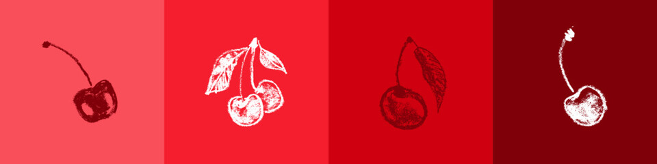 Cherry drawing isolated. Hand drawn fruit sketch. Stencil style icon of merry illustration for baby food logo, juice label design, color berry sign, fruity packaging. Monochrome vector cherries icons.